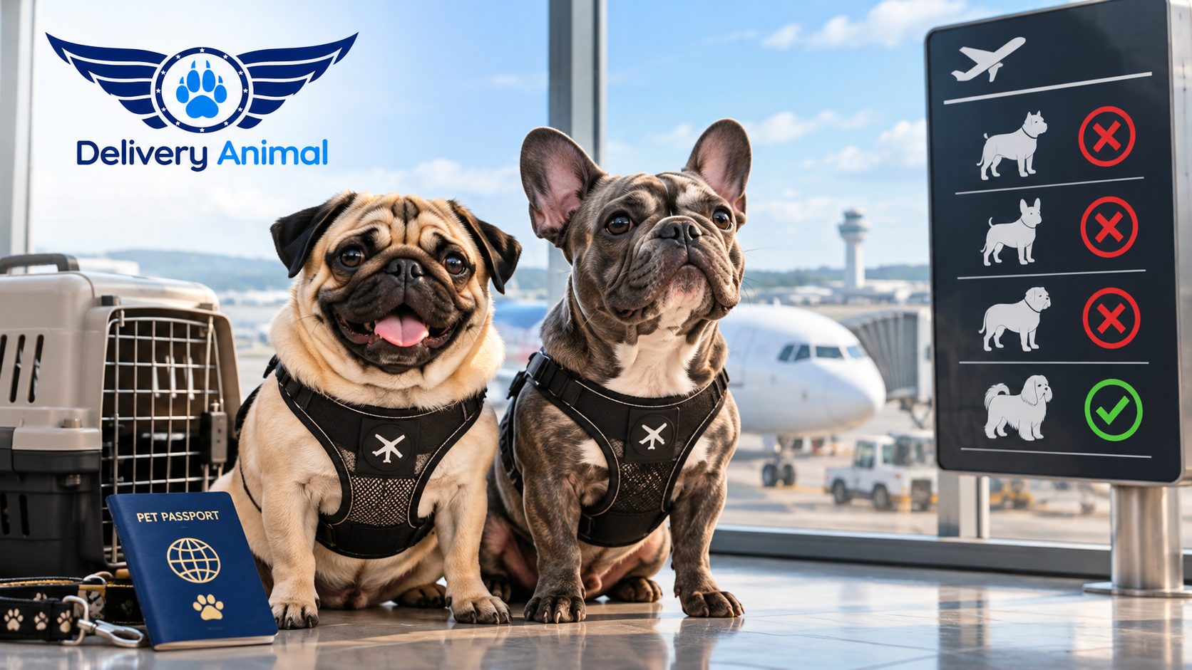 Dog breeds that cannot fly — Pug and French Bulldog prepared for international air travel.
